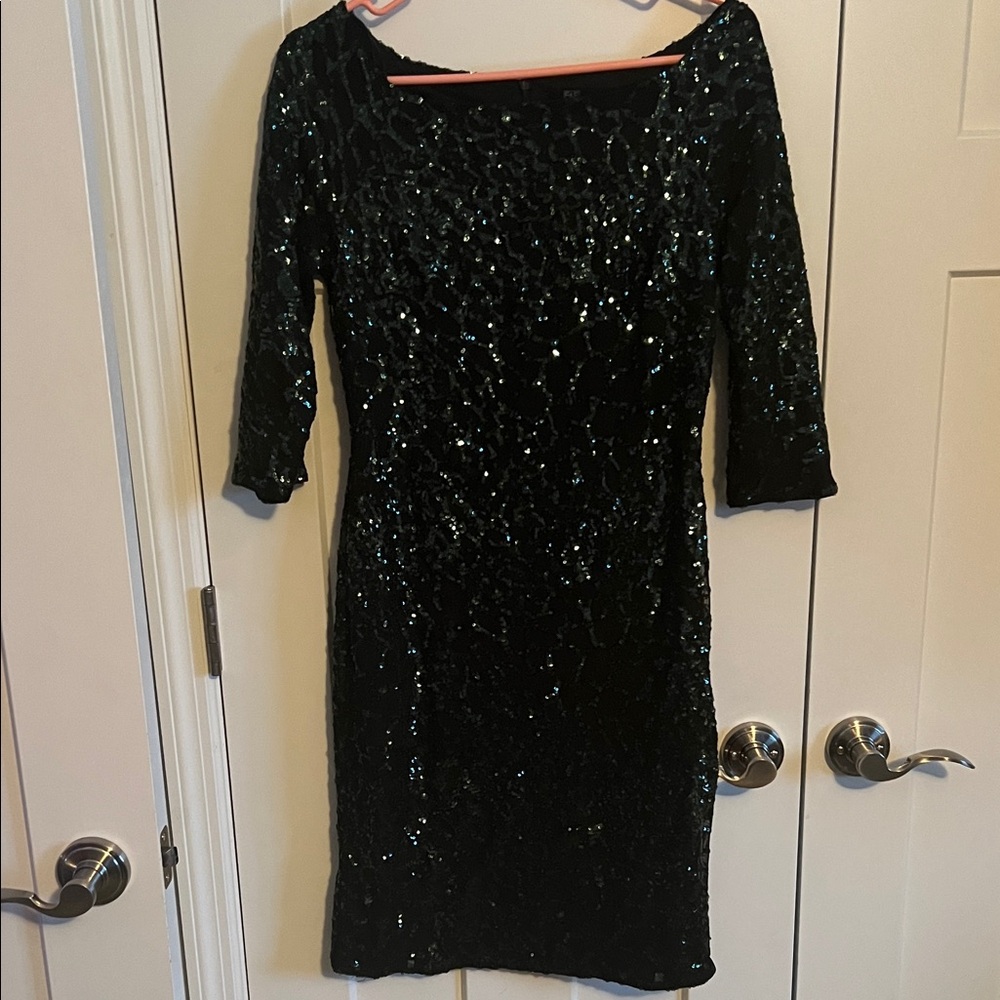 F&F Elegant Black and Green Sequin Long Sleeve Dress